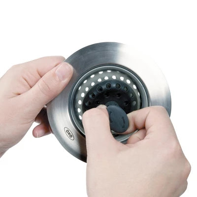 OXO Silicone Sink Strainer With Stopper: Black, Stainless Steel, Kitchen Drain Plug, Dishwasher-Safe, 4.3″ Diameter